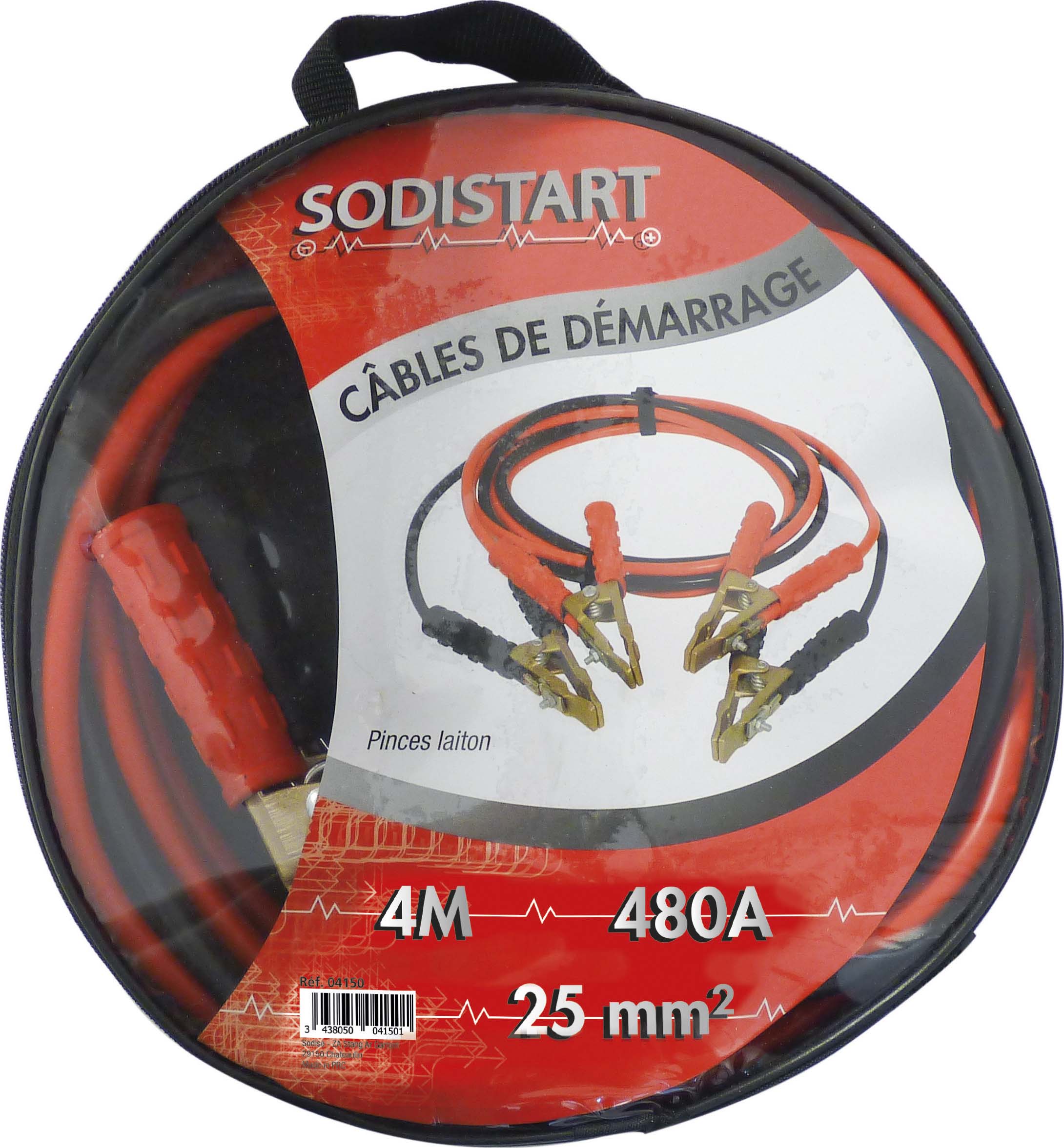 Câbles de démarrage en CCA 25mm² 2x4m 480 A pinces en laiton DRAKKAR - 04150