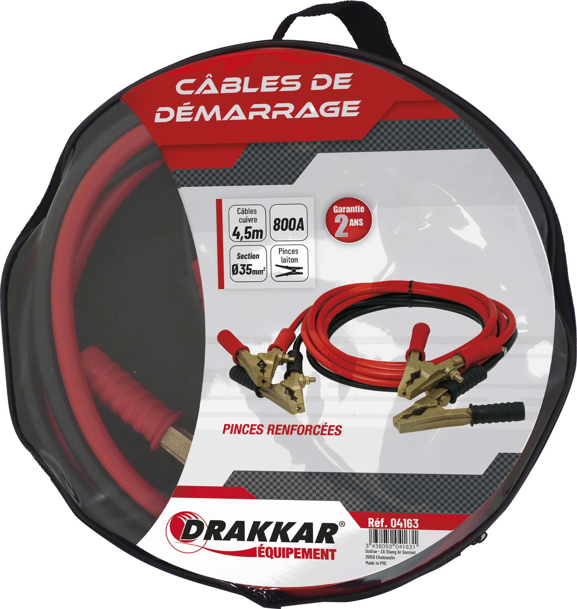 Câbles de démarrage en cuivre 35mm² 2x4,5m 800A pinces renforcées en laiton DRAKKAR - 04163