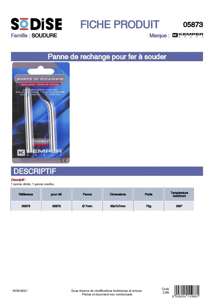 Panne de rechange 7mm pour fer à souder - de 2 pcs KEMPER - 05873