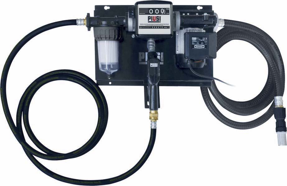 Pompe à gasoil 230V 70 l/min avec pistolet automatique/volucompteur/filtre transparent absorption d'eau/tuyau d'aspiration - station murale PIUSI - 08392
