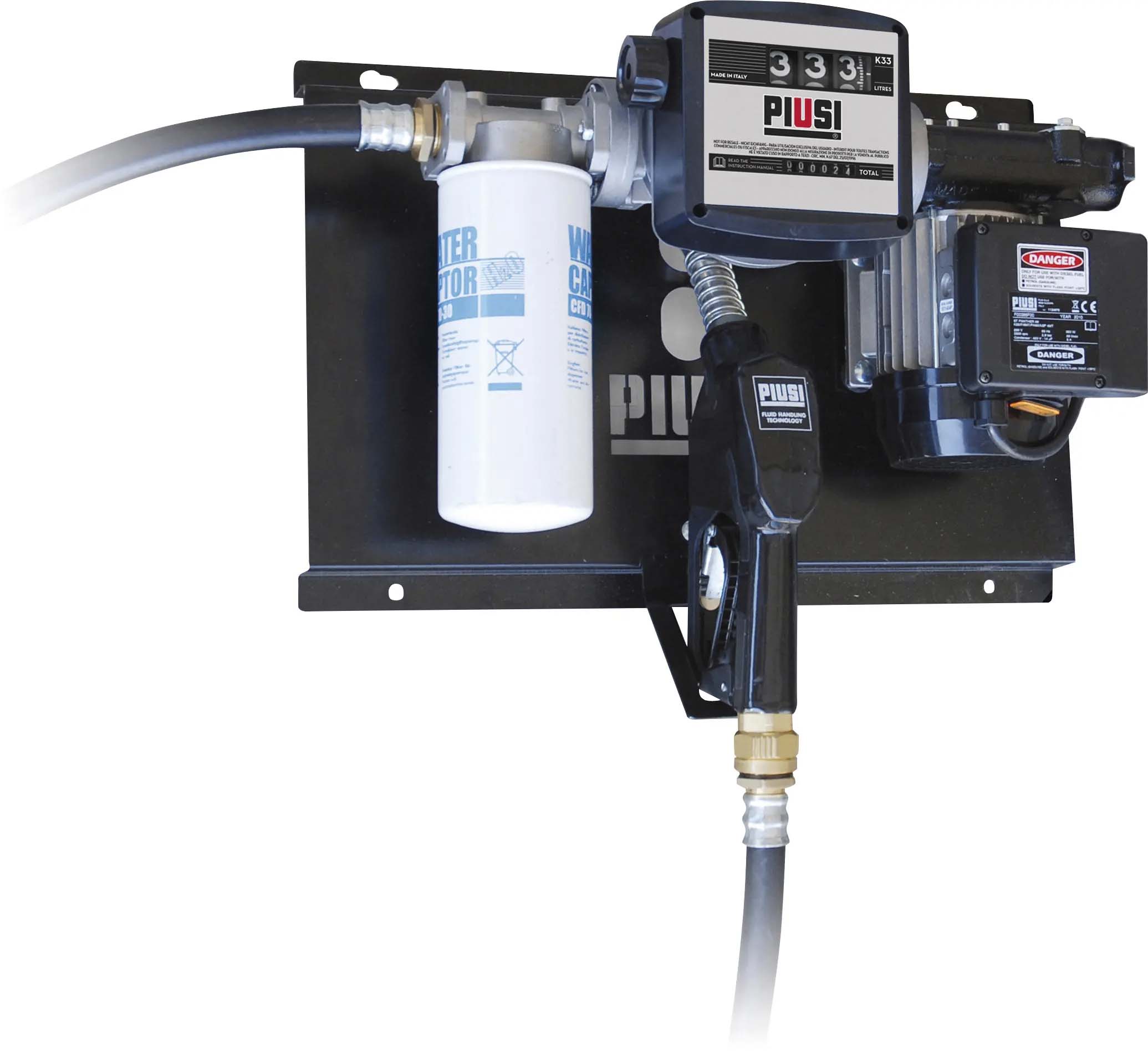 Pompe à gasoil 230V 56 l/min avec pistolet automatique/volucompteur/filtre absorption d'eau - station murale PIUSI - 08589