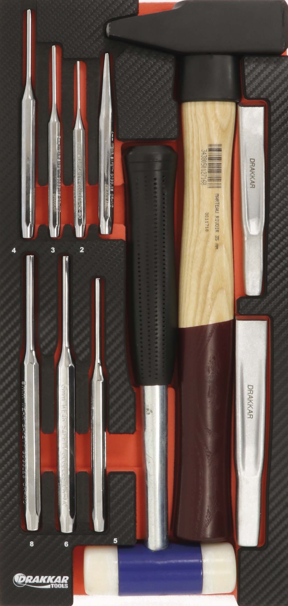 Module mousse 402x189mm carbone marteau/burin/chasse-goupille - 11 pcs DRAKKAR TOOLS - 09881