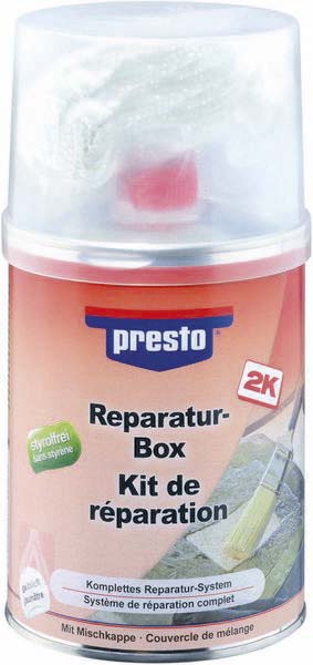 Mastic polyester de réparation avec tube durcisseur et tissu fibre de verre - pot de 1kg PRESTO - 12056