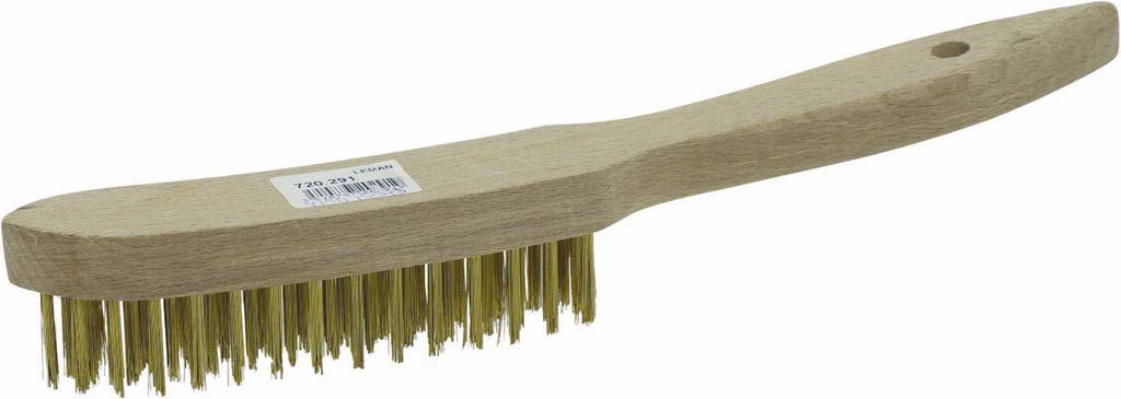 Brosse métallique fil acier laitonné 4 rangs 295mm avec manche bois incurvé - 15973