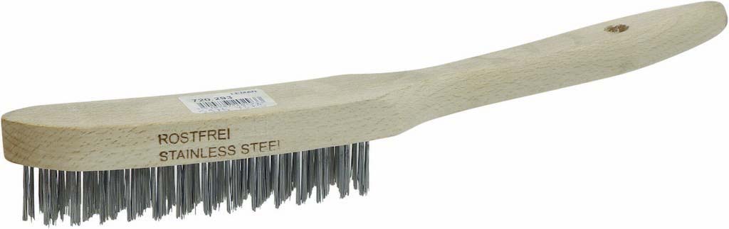 Brosse métallique fil acier inox 4 rangs 290mm avec manche bois incurvé - 15974