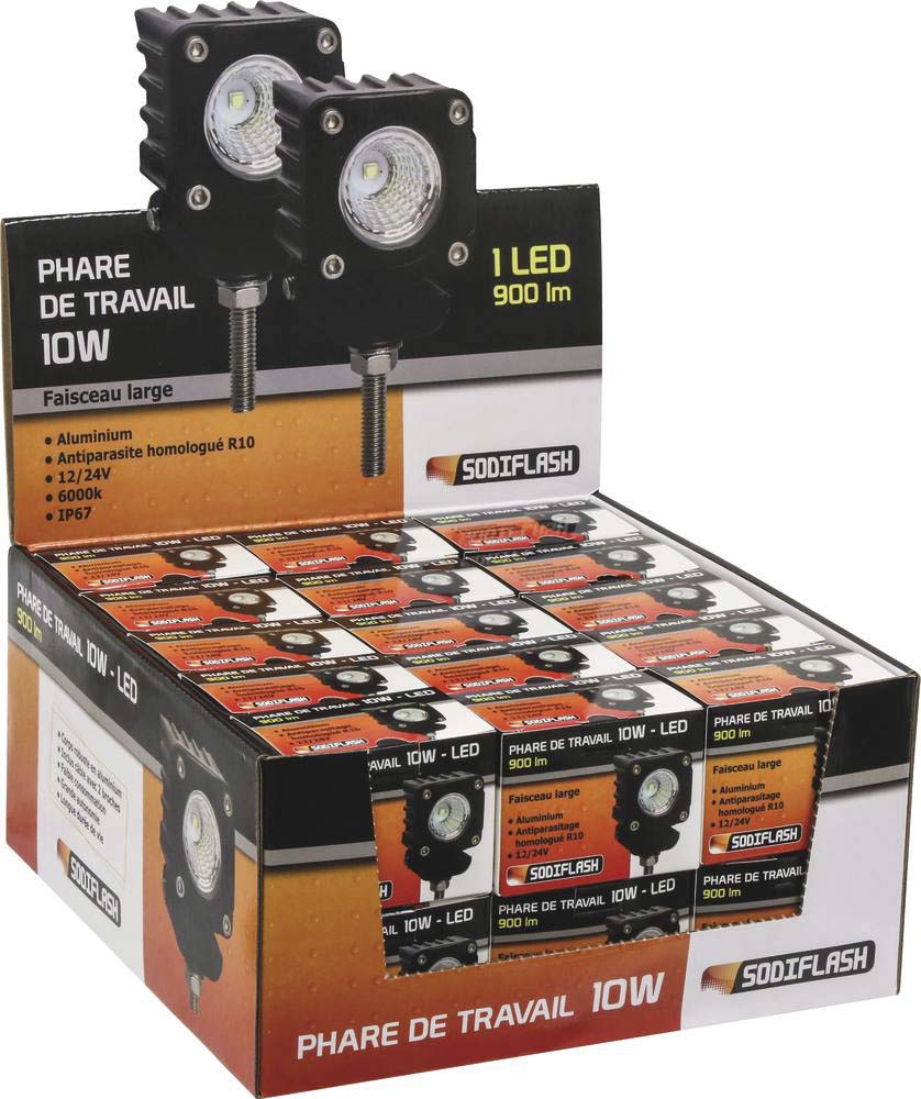 Phare de travail carré led 10/32v 10w 600 lumens faisceau large SODIFLASH - 16034