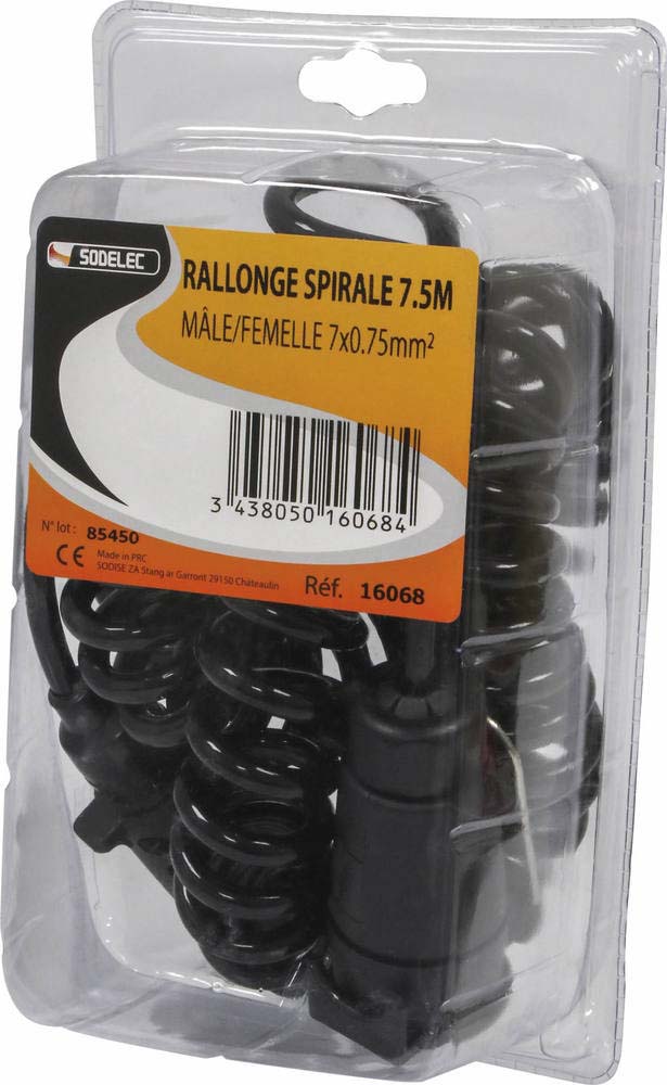 Rallonge de rampe d'éclairage spirale 7,50m 7 fils 7 plots SODELEC - 16068