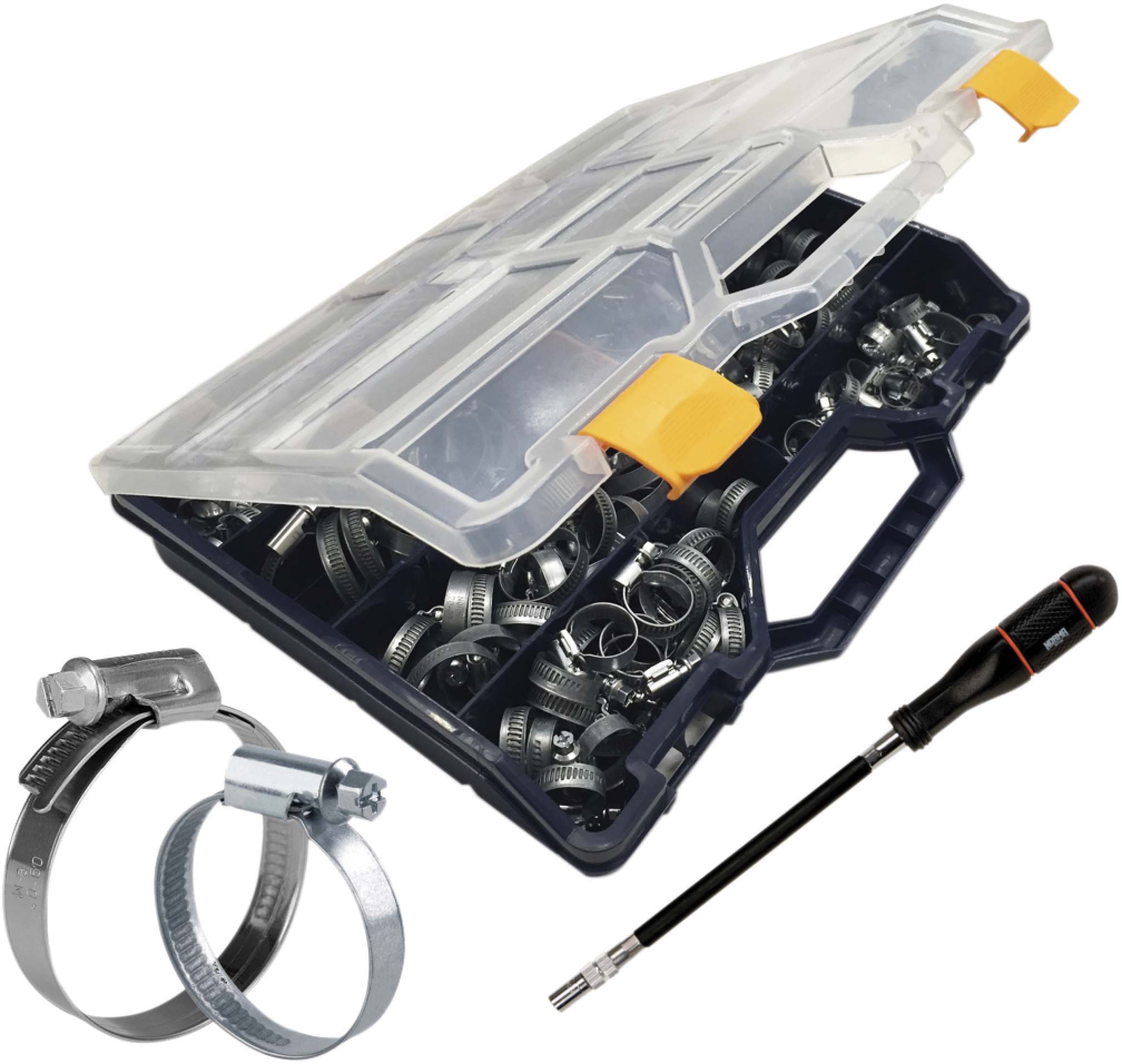 Collier à crémaillère acier zingué 12mm de 16 à 50mm - coffret de 100 pcs avec tournevis SERFLEX - 23725