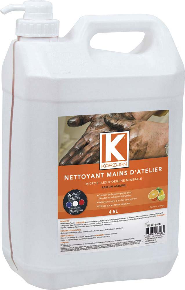 Nettoyant mains d'atelier orange parfum agrumes - bidon de 4,5L avec pompe KARZHAN - 58148