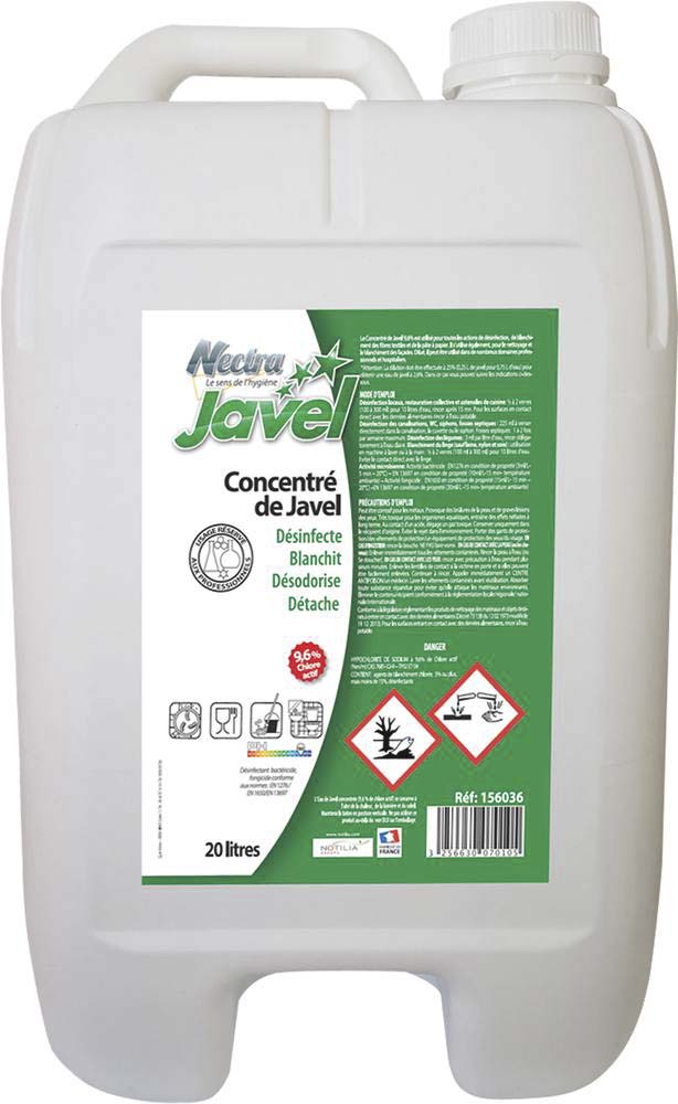 Eau de javel à 9,6% de concentration active - bidon de 20L NECTRA - 58202