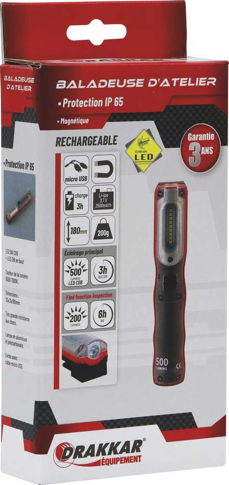 Baladeuse d'atelier led 500 lumens rechargeable DRAKKAR EQUIPEMENT - 82280