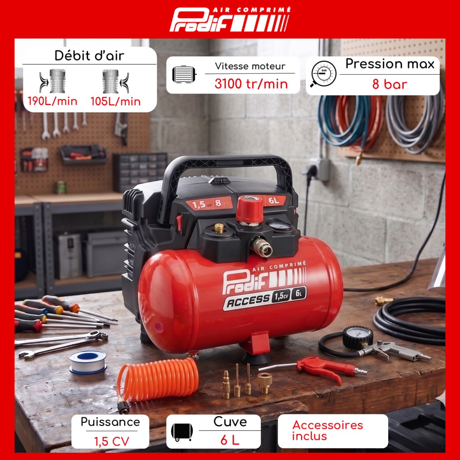Compresseur coaxial 6L 1,5CV PRODIF avec accessoires - 01906SHKNH