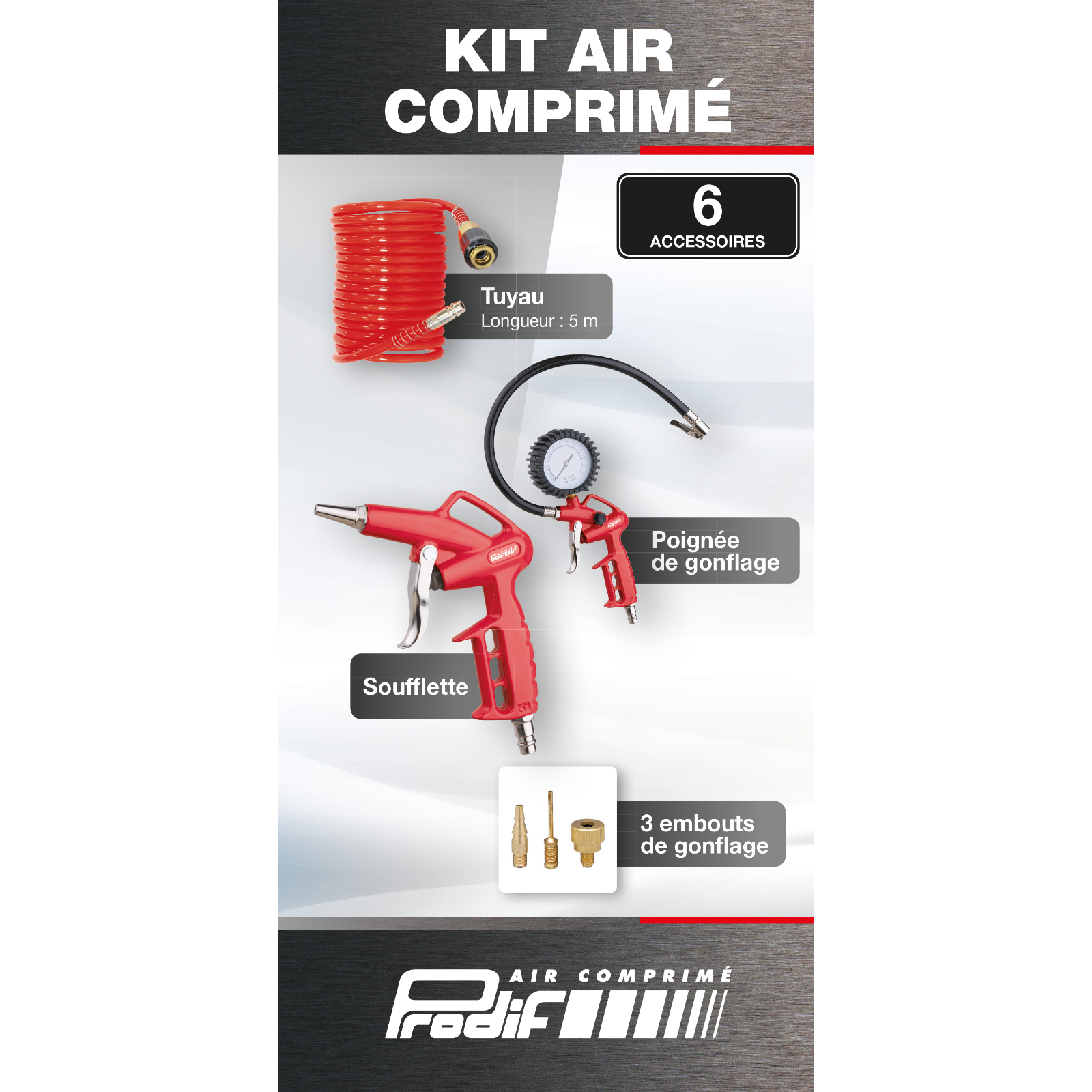 Kit accessoires compresseur avec tuyau spiral 5 m et soufflette PRODIF - 5017NH