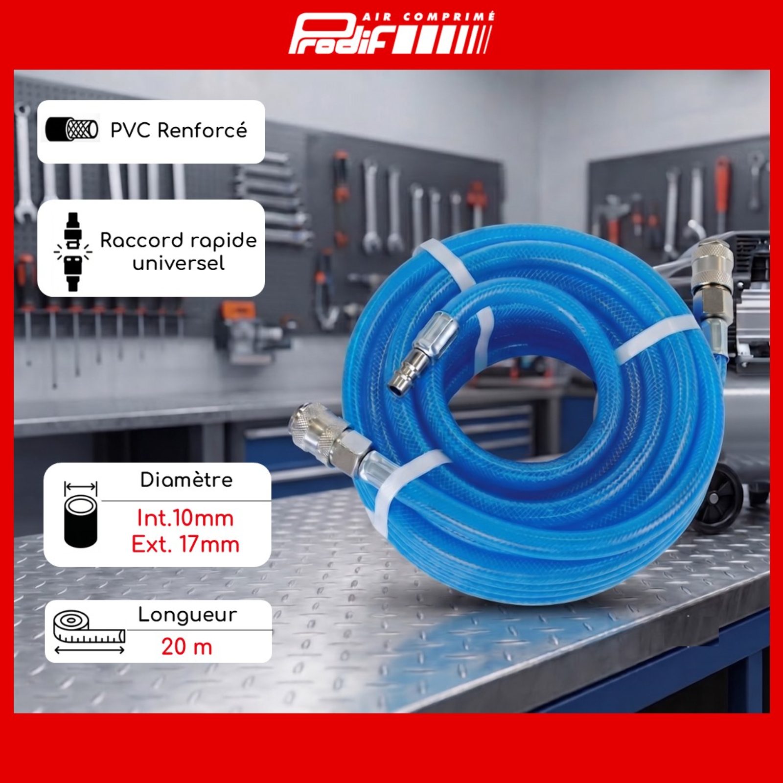 Tuyau d'air PRODIF 20m diamètre 10 x 17 mm avec raccords - 8920V