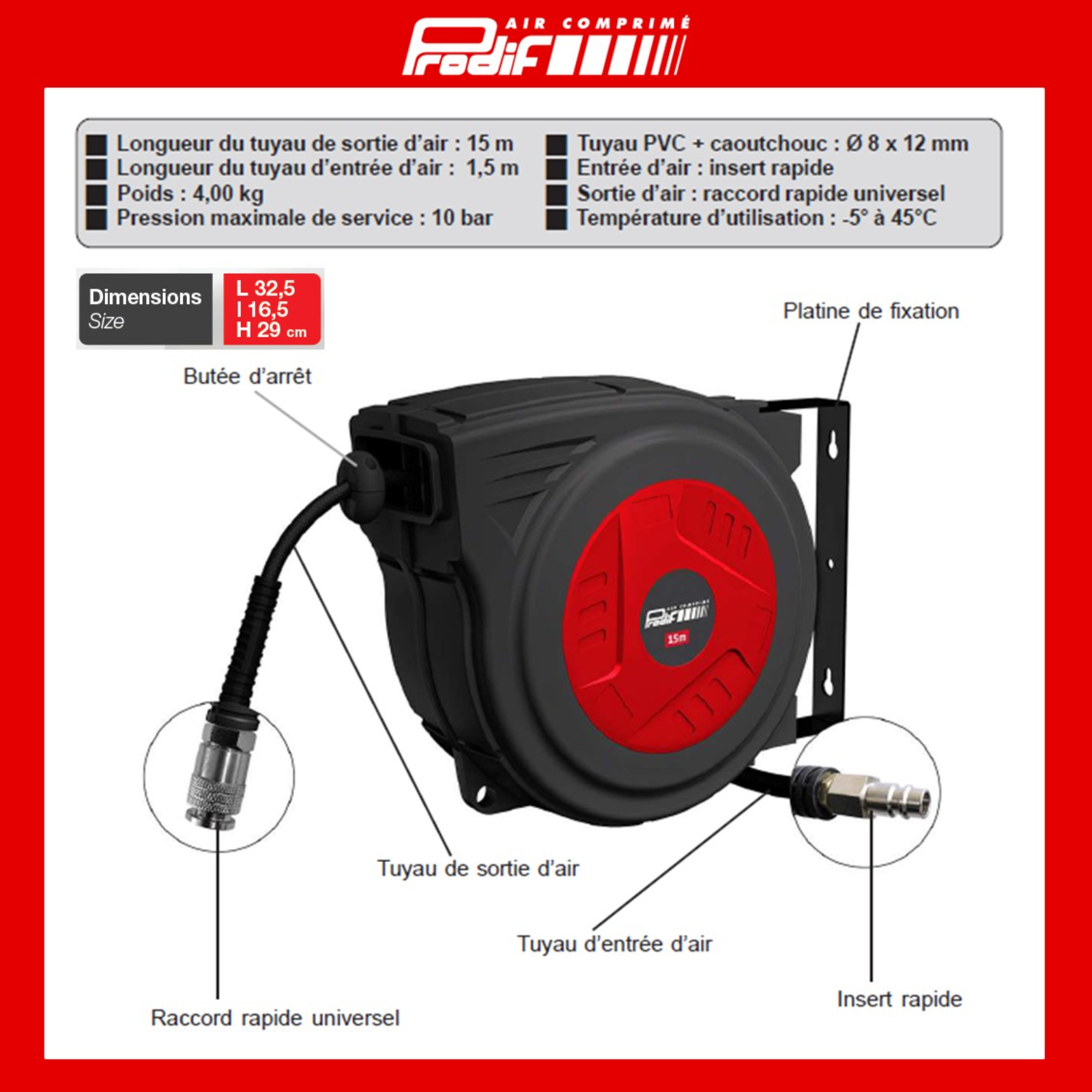 ENROULEUR AUTOMATIQUE AIR COMPRIME 15+1,5M PRODIF - EN 15