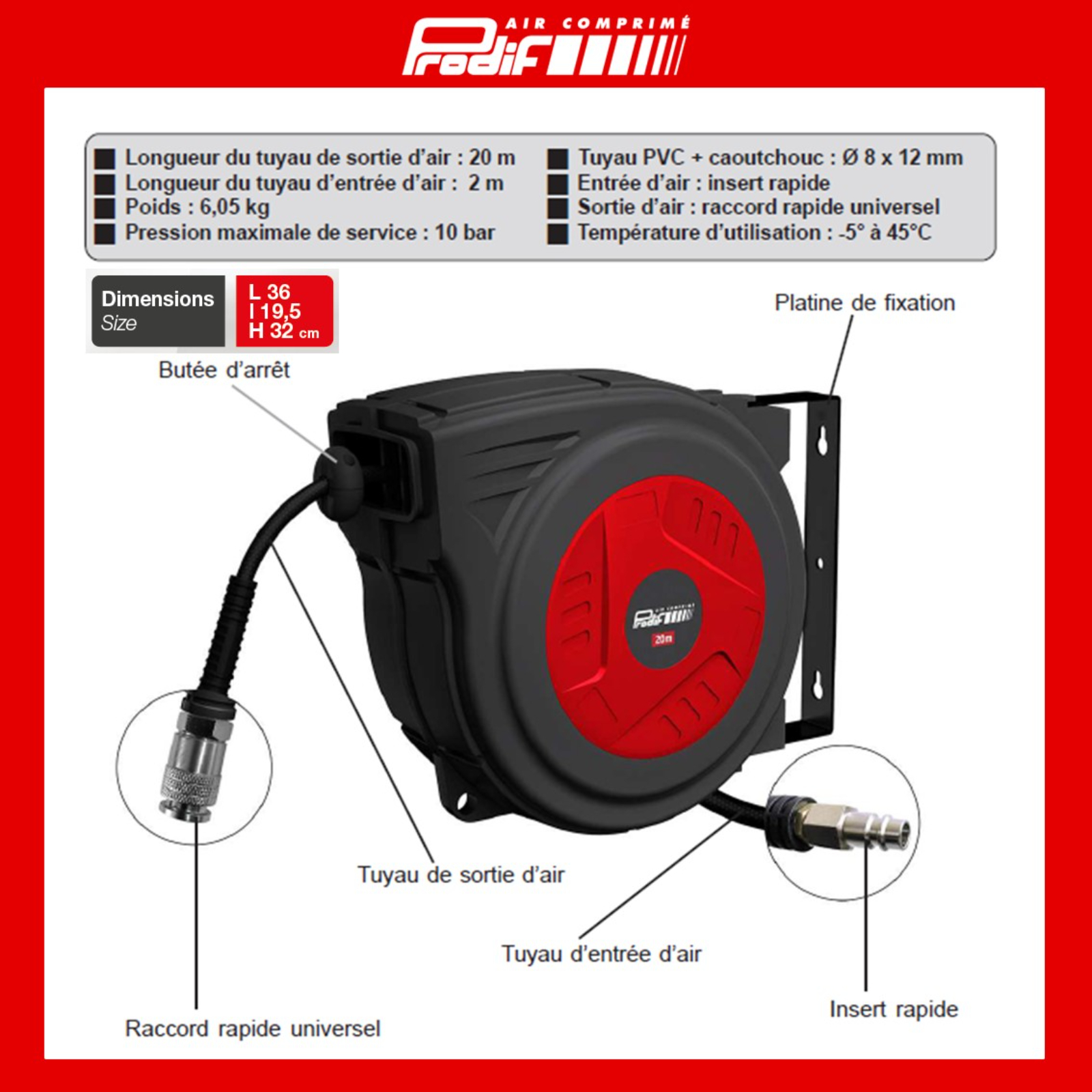 ENROULEUR AUTOMATIQUE AIR COMPRIME 20+2M PRODIF - EN 20