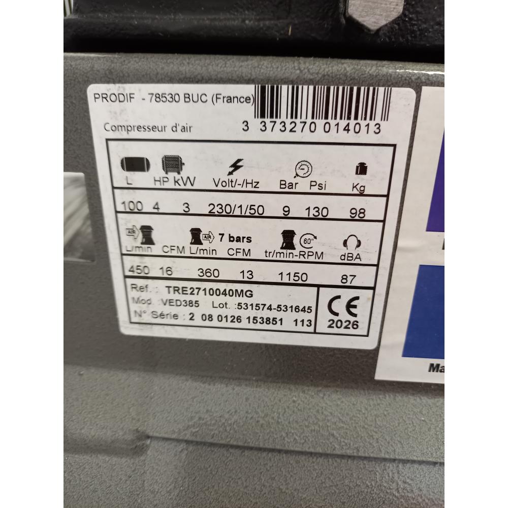 Compresseur PRODIF 100L 9 bar 4 CV 27 m³/h - OCCASION -  TRE2710040MG