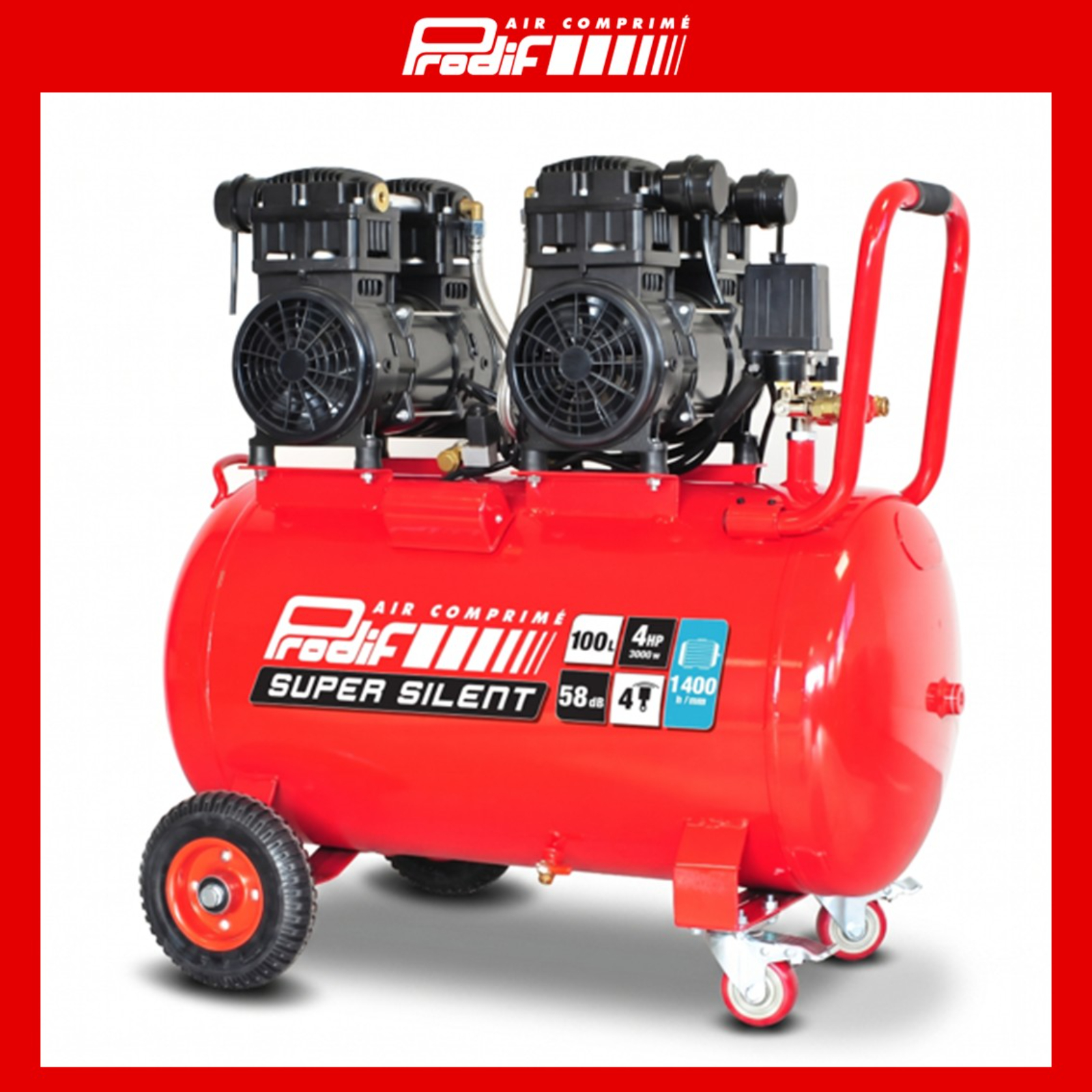 Compresseur ultra silencieux PRODIF 100 litres 4 CV 8 bar 1400 tours/min SIL1004