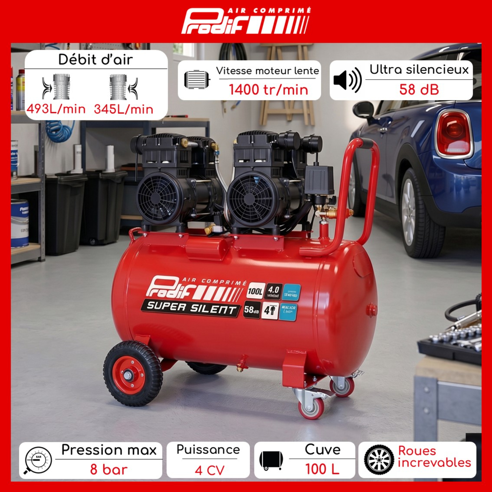 Compresseur ultra silencieux PRODIF 100 litres 4 CV 8 bar 1400 tours/min SIL1004