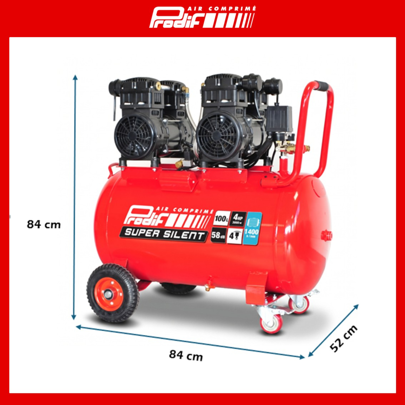 Compresseur ultra silencieux PRODIF 100 litres 4 CV 8 bar 1400 tours/min SIL1004