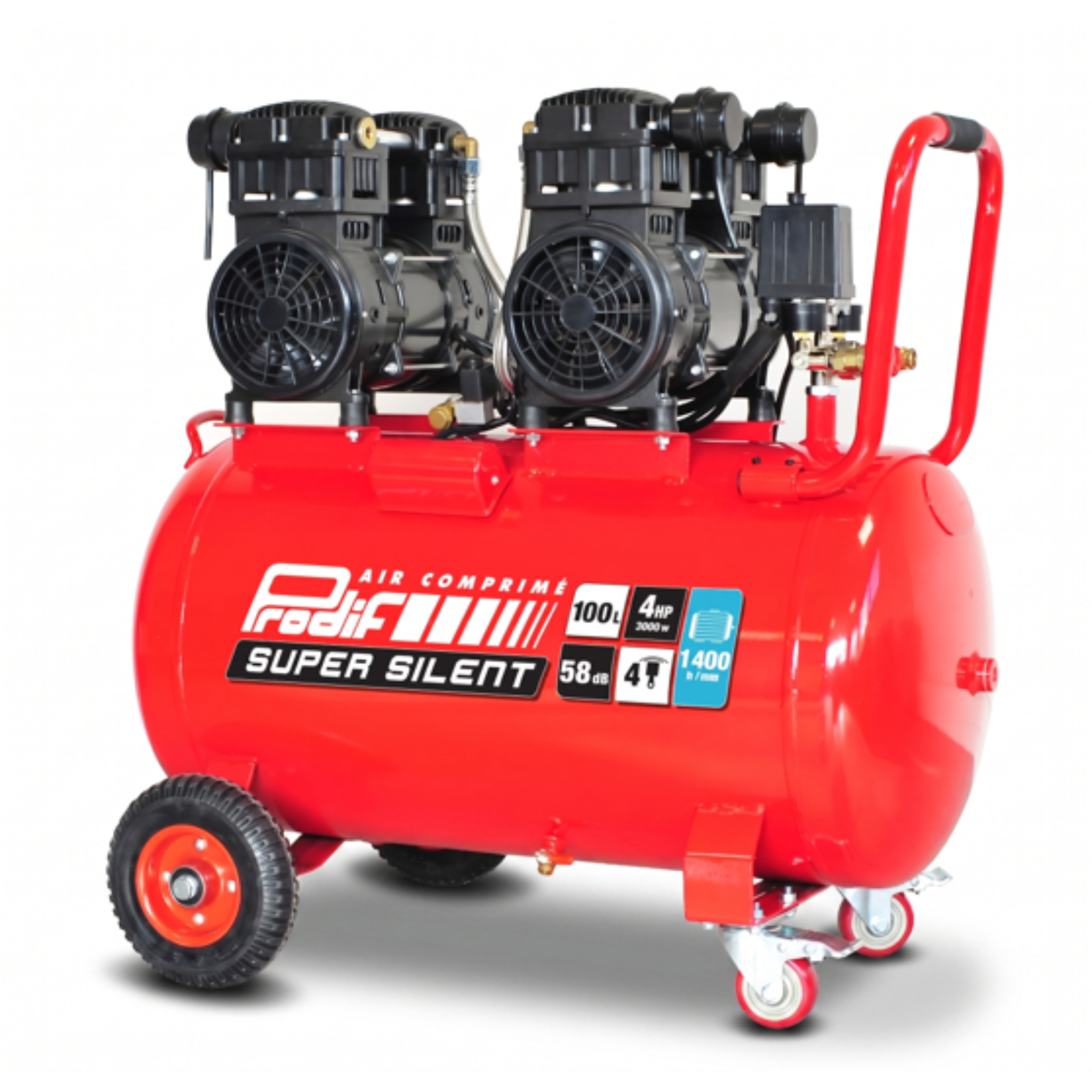 Compresseur ultra silencieux PRODIF 100 litres 4 CV 8 bar 1400 tours/min SIL1004