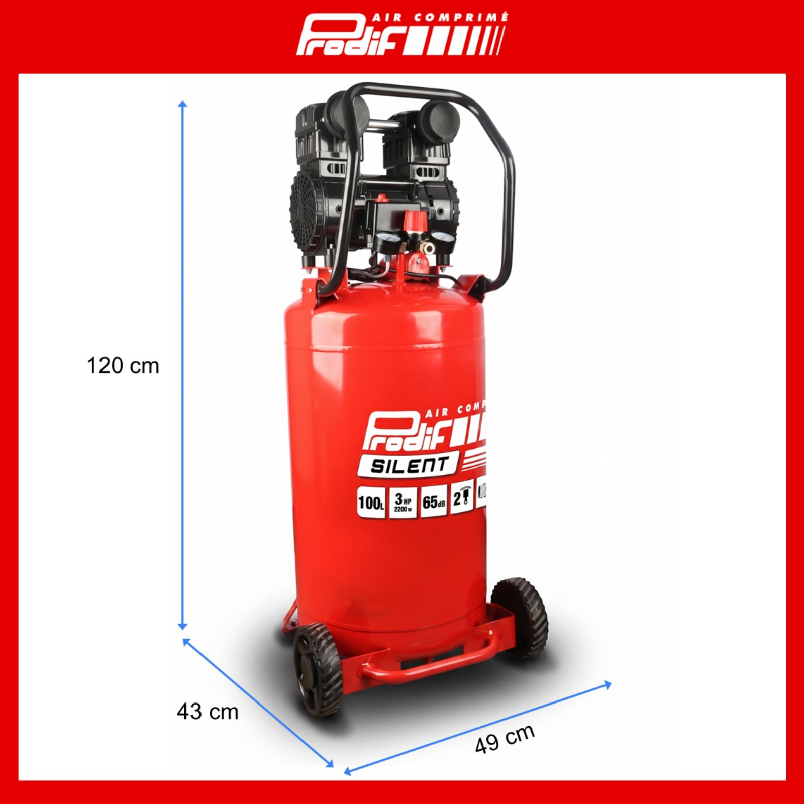 Compresseur vertical silencieux pour camion PRODIF 100 litres 3 CV 8 bar SIL103V