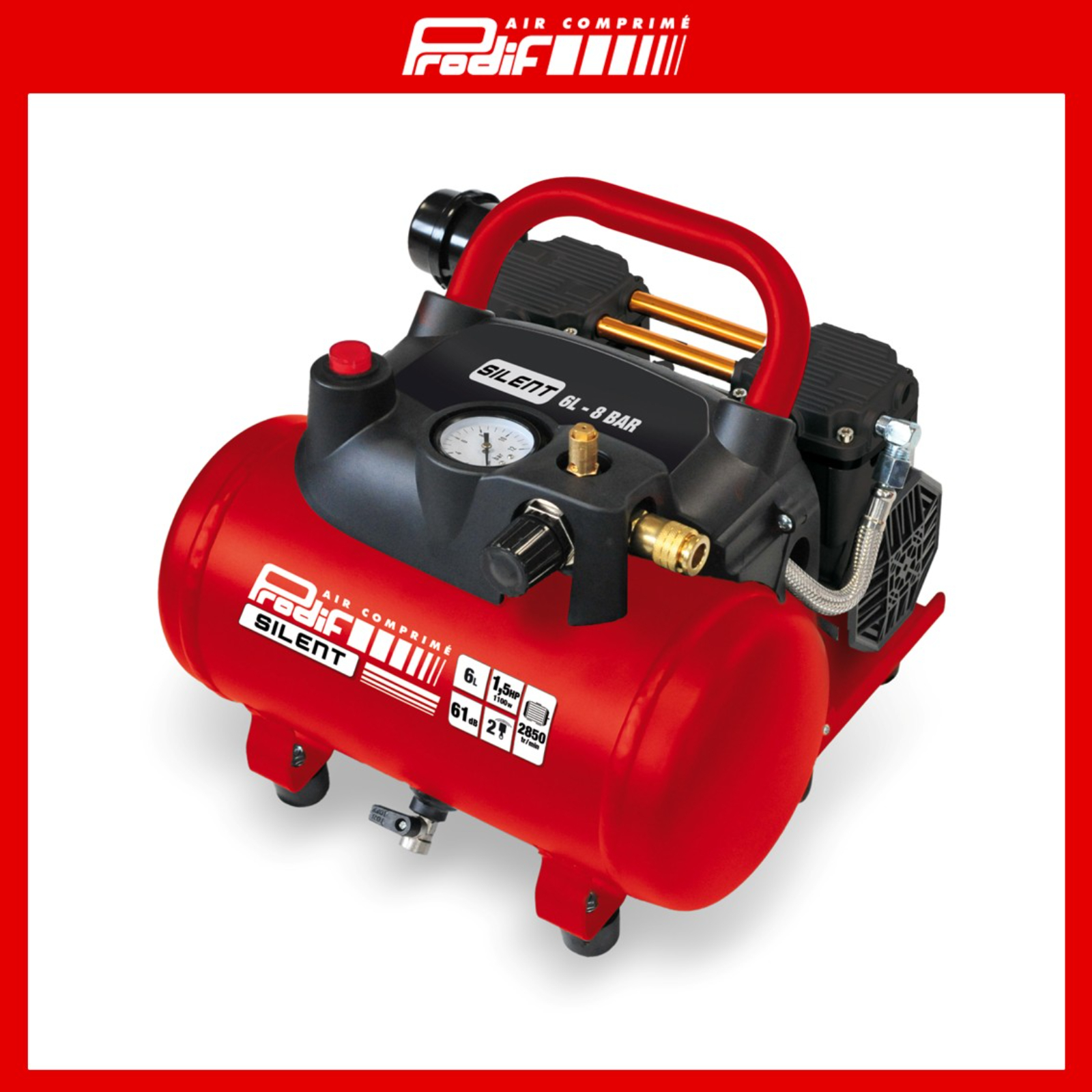Compresseur d’air 6L 1,5 CV 8 bar 170 L/min 230V Compact et silencieux PRODIF - SIL62P 