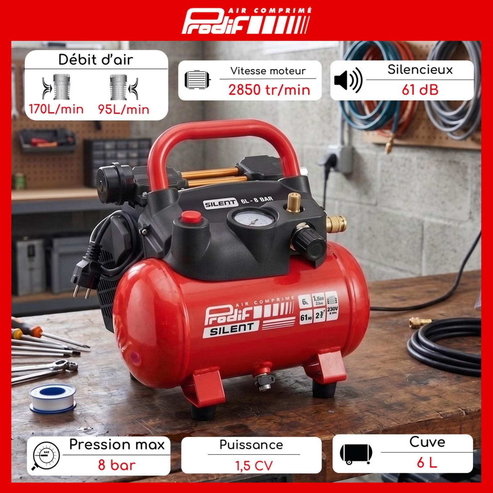 Compresseur d’air 6L 1,5 CV 8 bar 170 L/min 230V Compact et silencieux PRODIF - SIL62P 