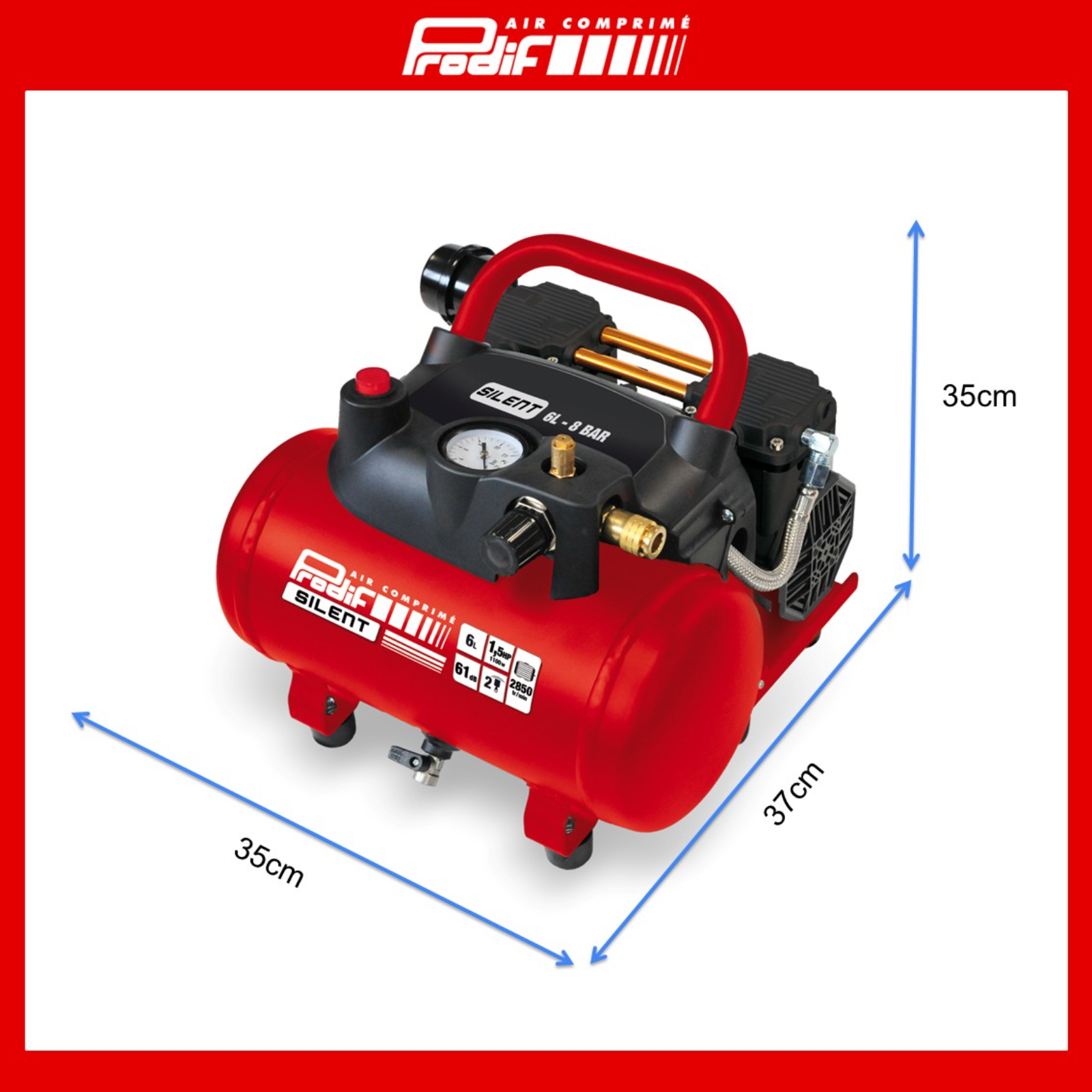 Compresseur d’air 6L 1,5 CV 8 bar 170 L/min 230V Compact et silencieux PRODIF - SIL62P 