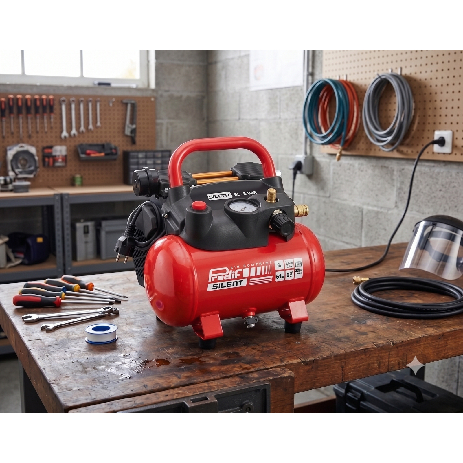 Compresseur d’air 6L 1,5 CV 8 bar 170 L/min 230V Compact et silencieux PRODIF - SIL62P 