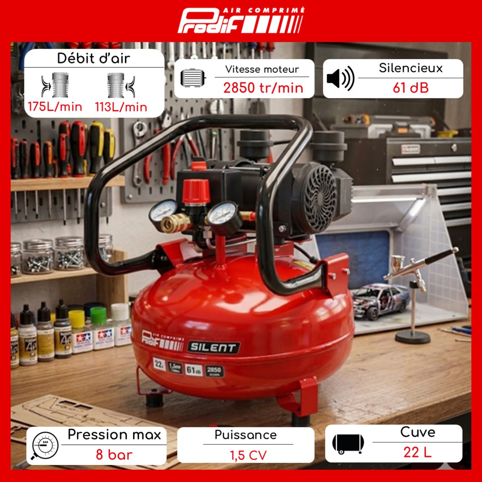 Compresseur silencieux compact PRODIF 22 litres 1,5 CV 8 bar SIL724V