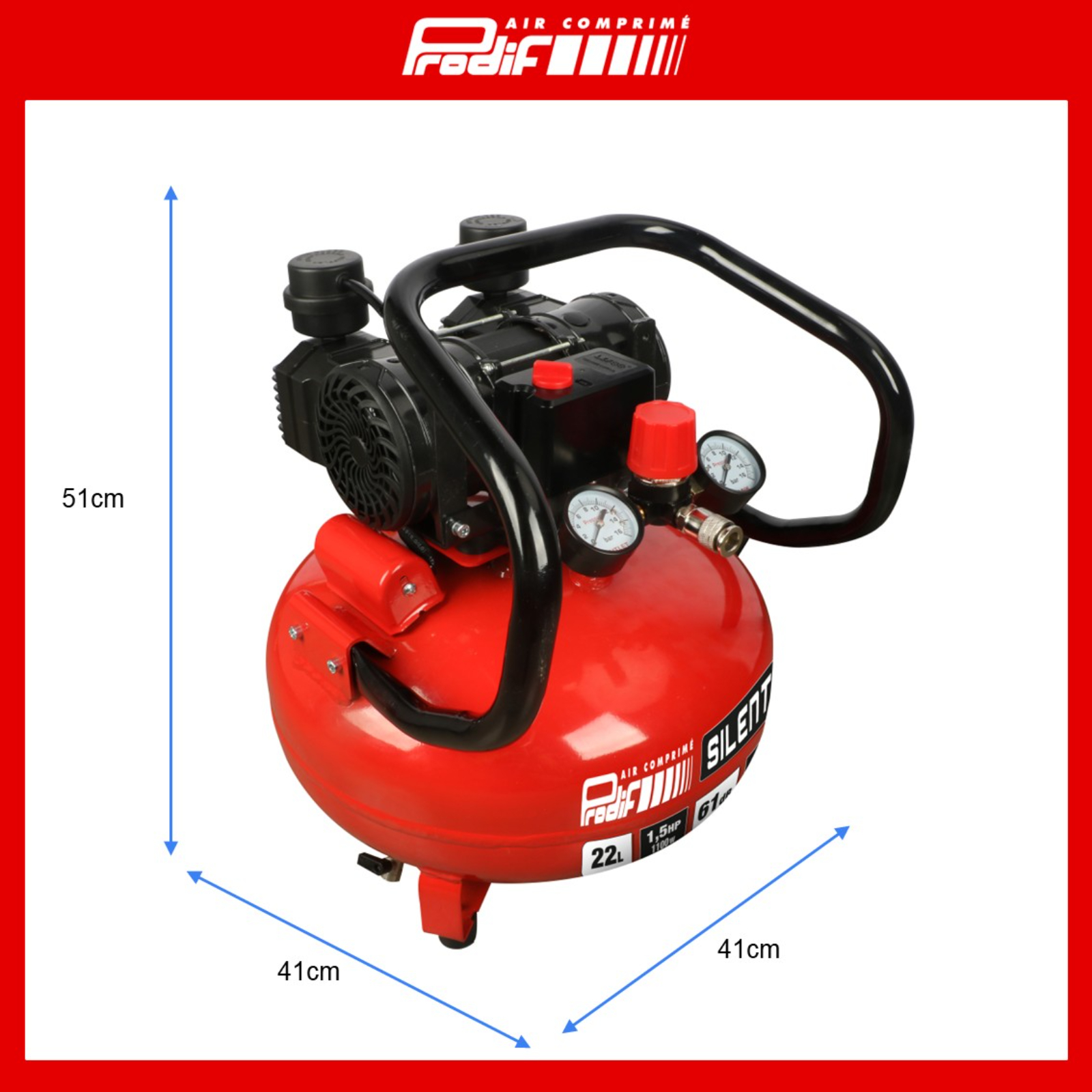 Compresseur silencieux compact PRODIF 22 litres 1,5 CV 8 bar SIL724V