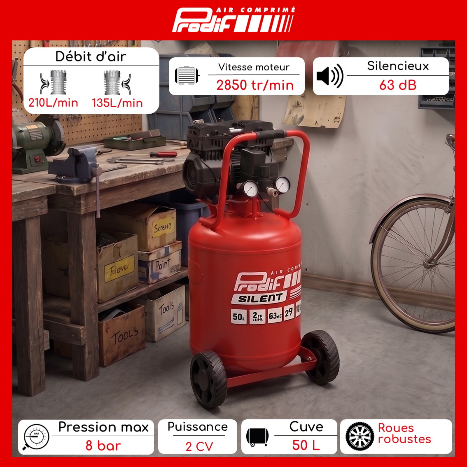 Compresseur vertical silencieux pour atelier PRODIF 50 litres 2850 tr/min 2cv SIL750V