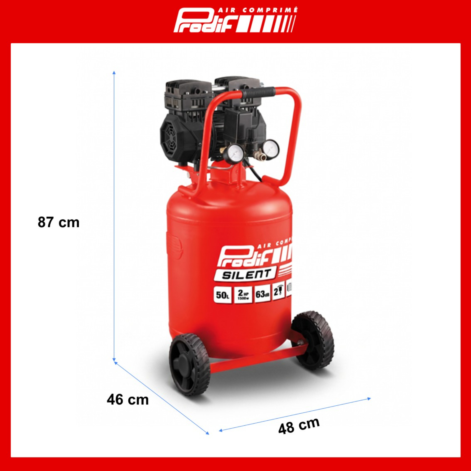 Compresseur vertical silencieux pour atelier PRODIF 50 litres 2850 tr/min 2cv SIL750V