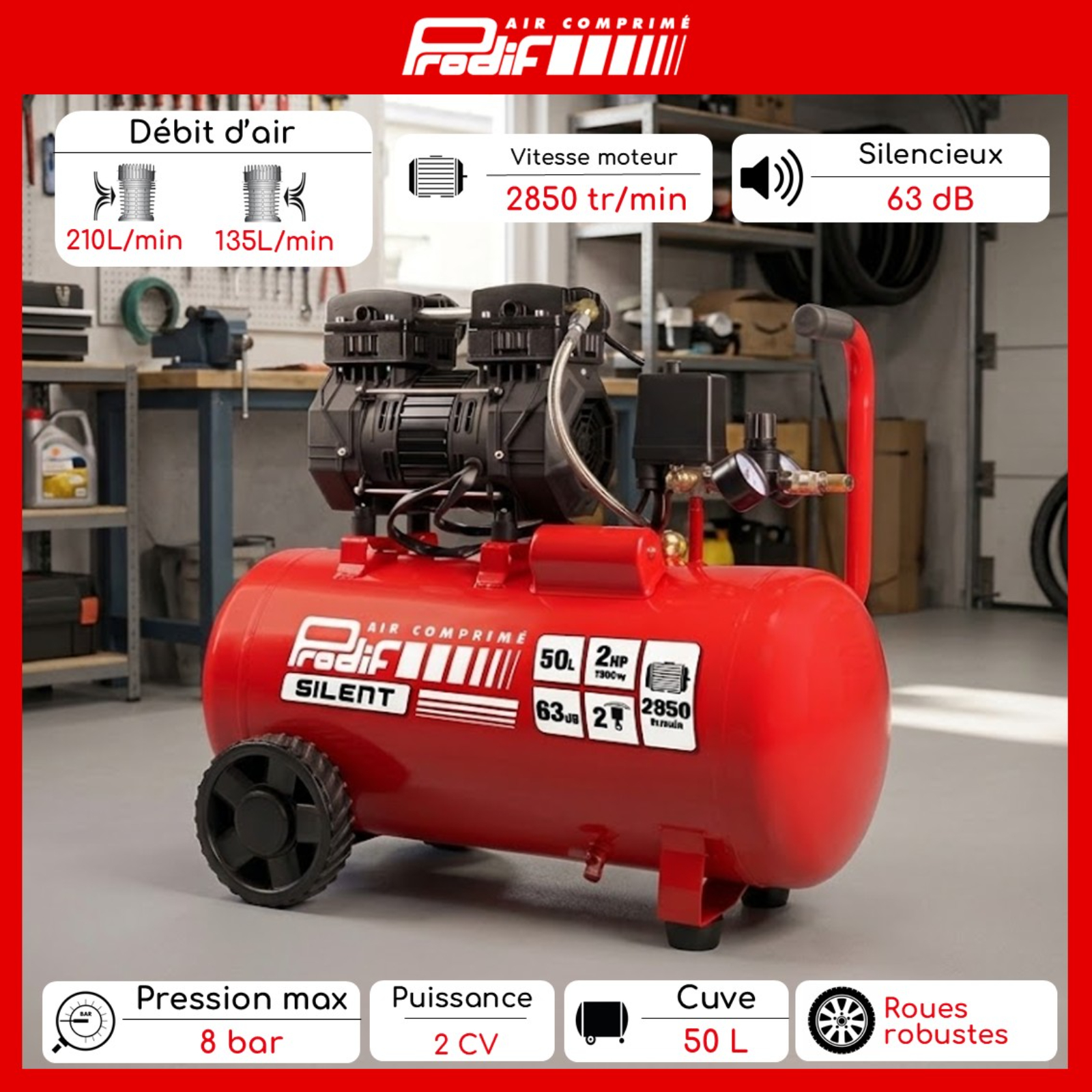 Compresseur PRODIF silencieux 50l 2cv 230v 8 bar SIL750