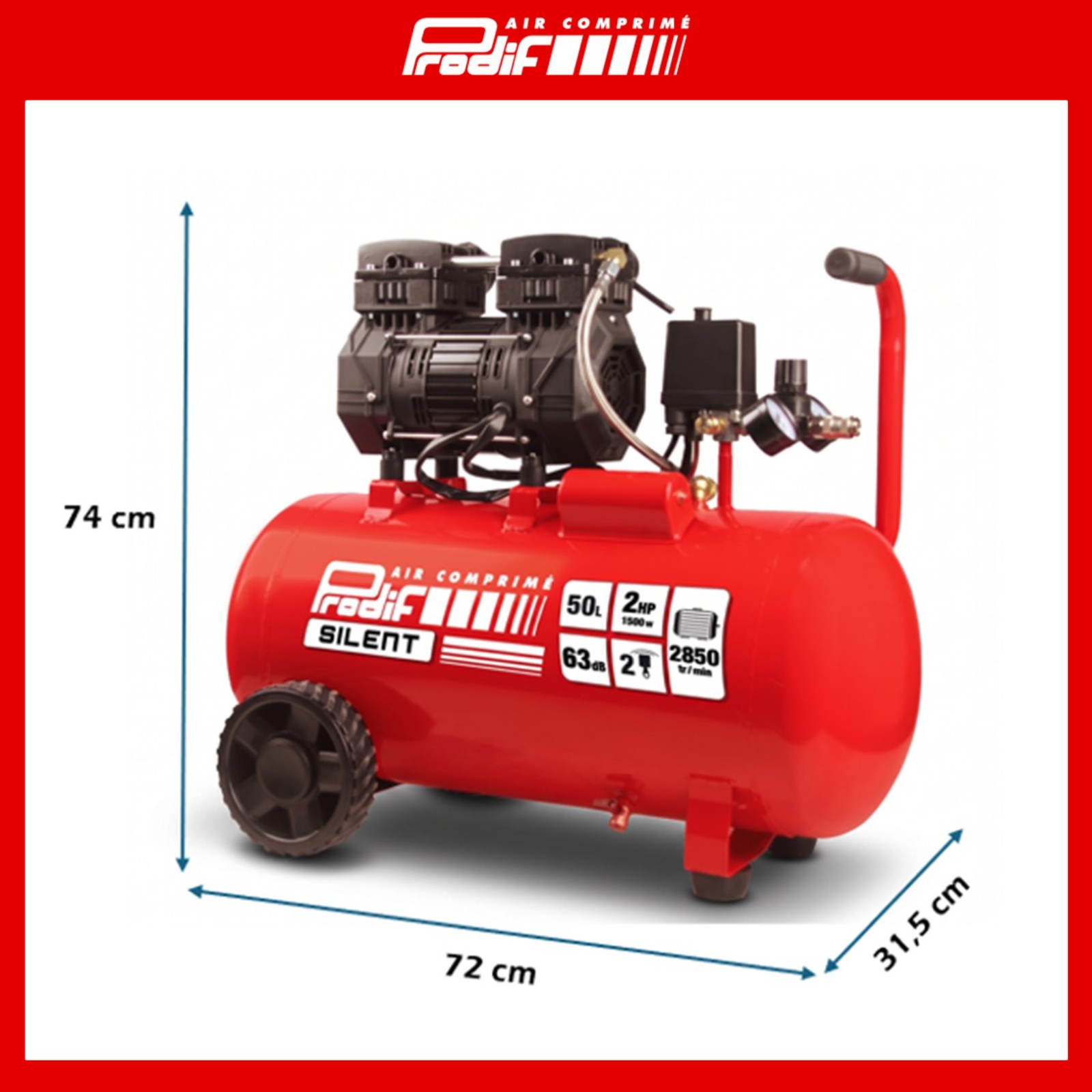 Compresseur PRODIF silencieux 50l 2cv 230v 8 bar SIL750