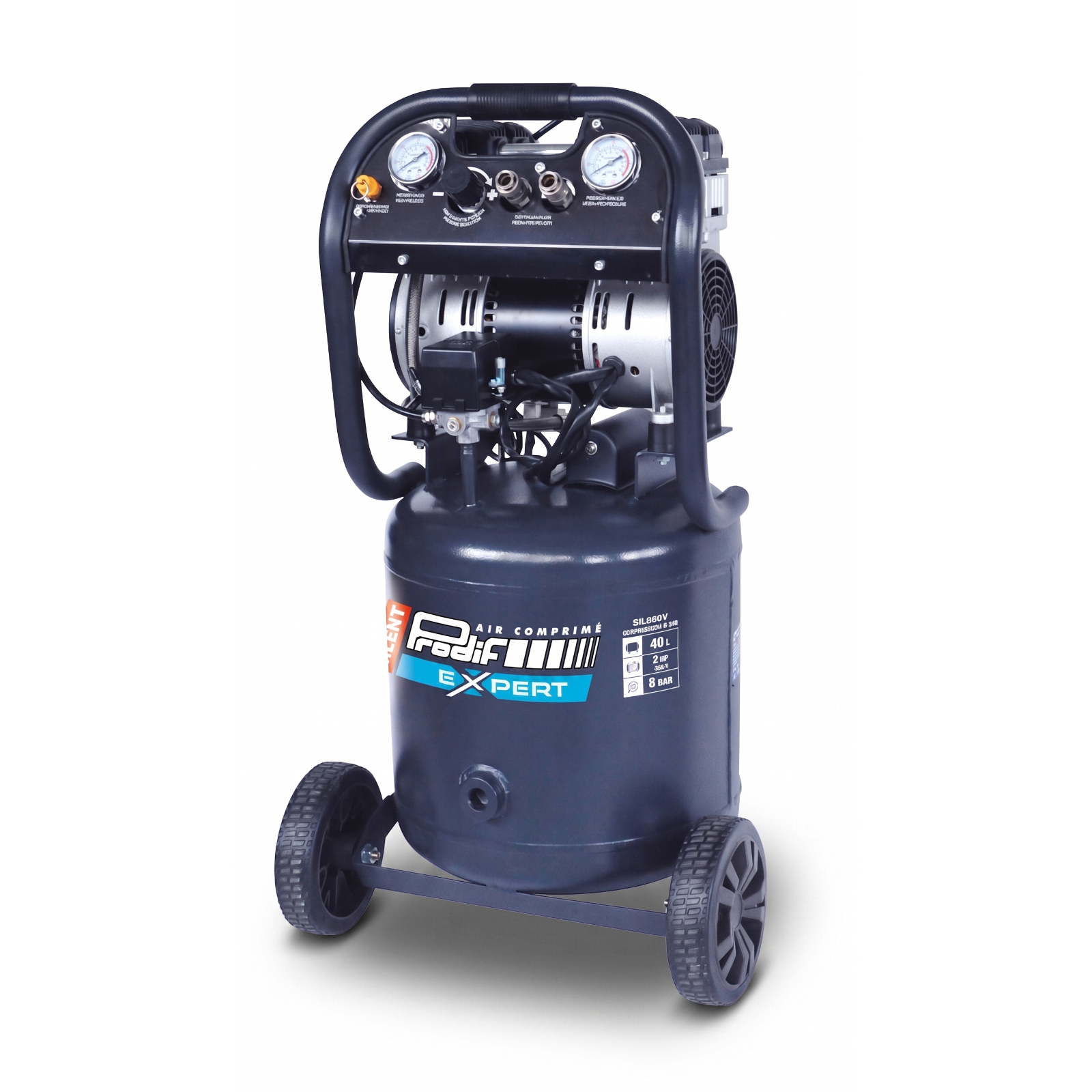 Compresseur vertical silencieux PRODIF 40 litres 2 CV 8 bar bi-cylindre SIL860V