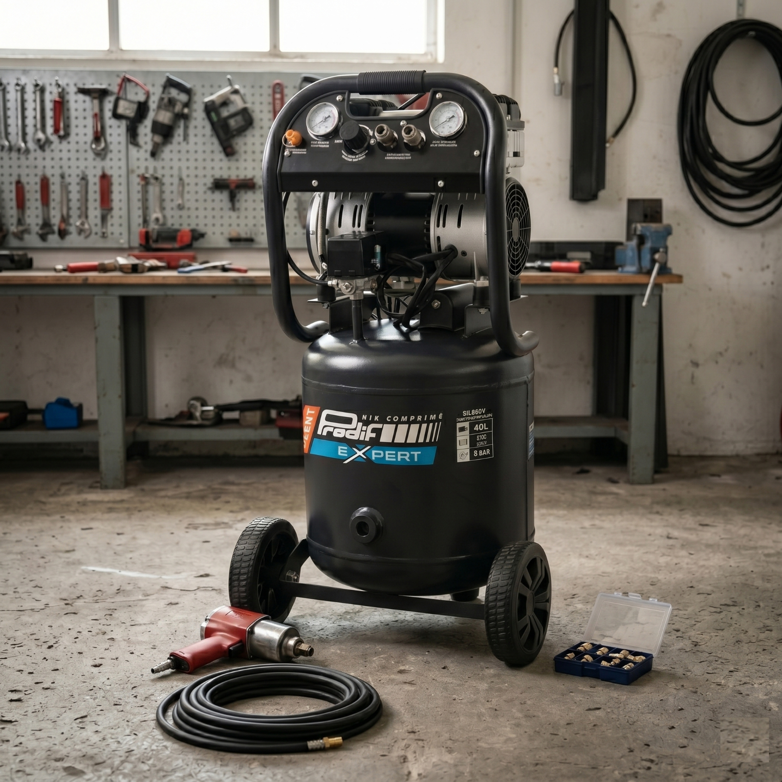 Compresseur vertical silencieux PRODIF 40 litres 2 CV 8 bar bi-cylindre SIL860V
