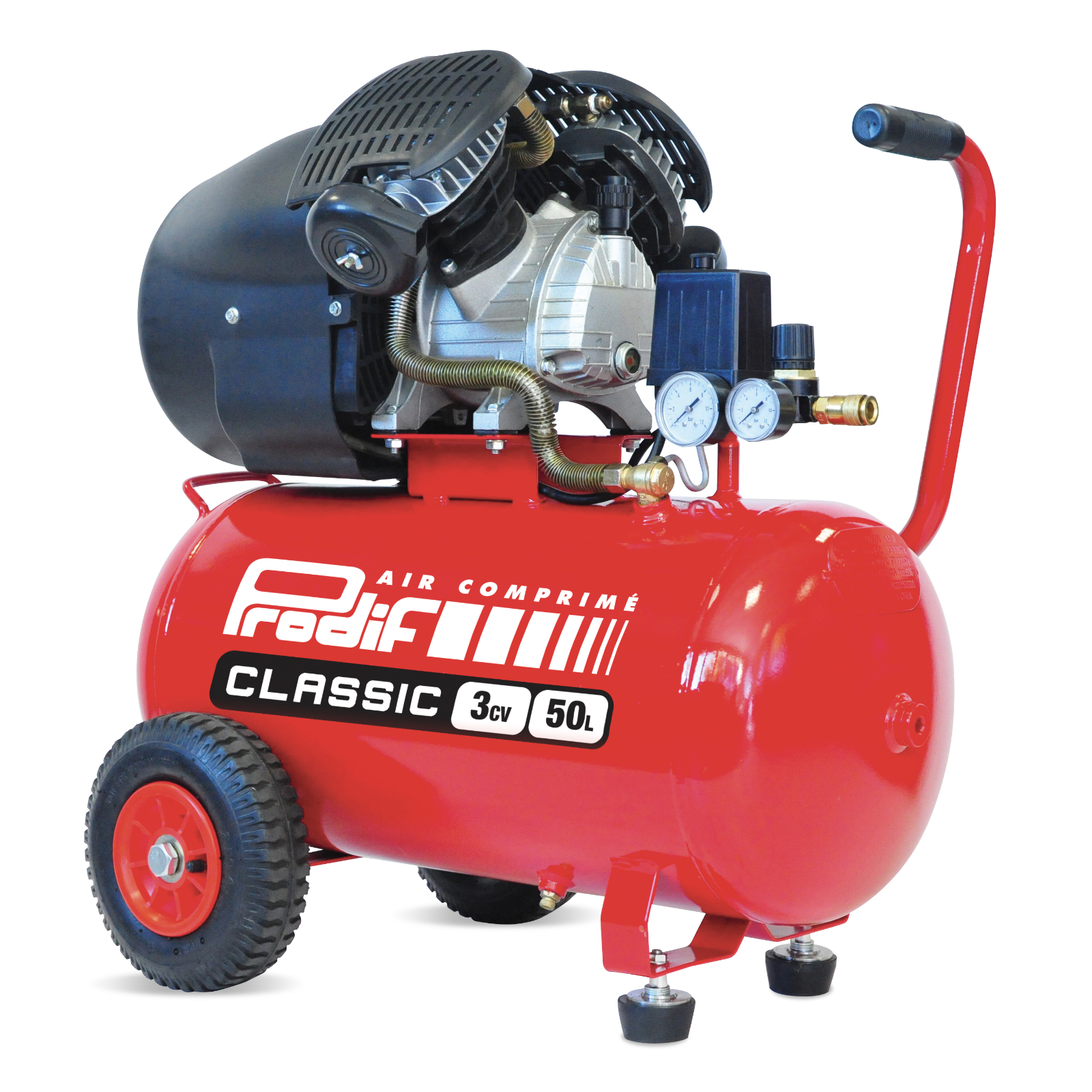 Compresseur PRODIF coaxial 50L 8 bar 3 CV bi-cylindre sur roues T950