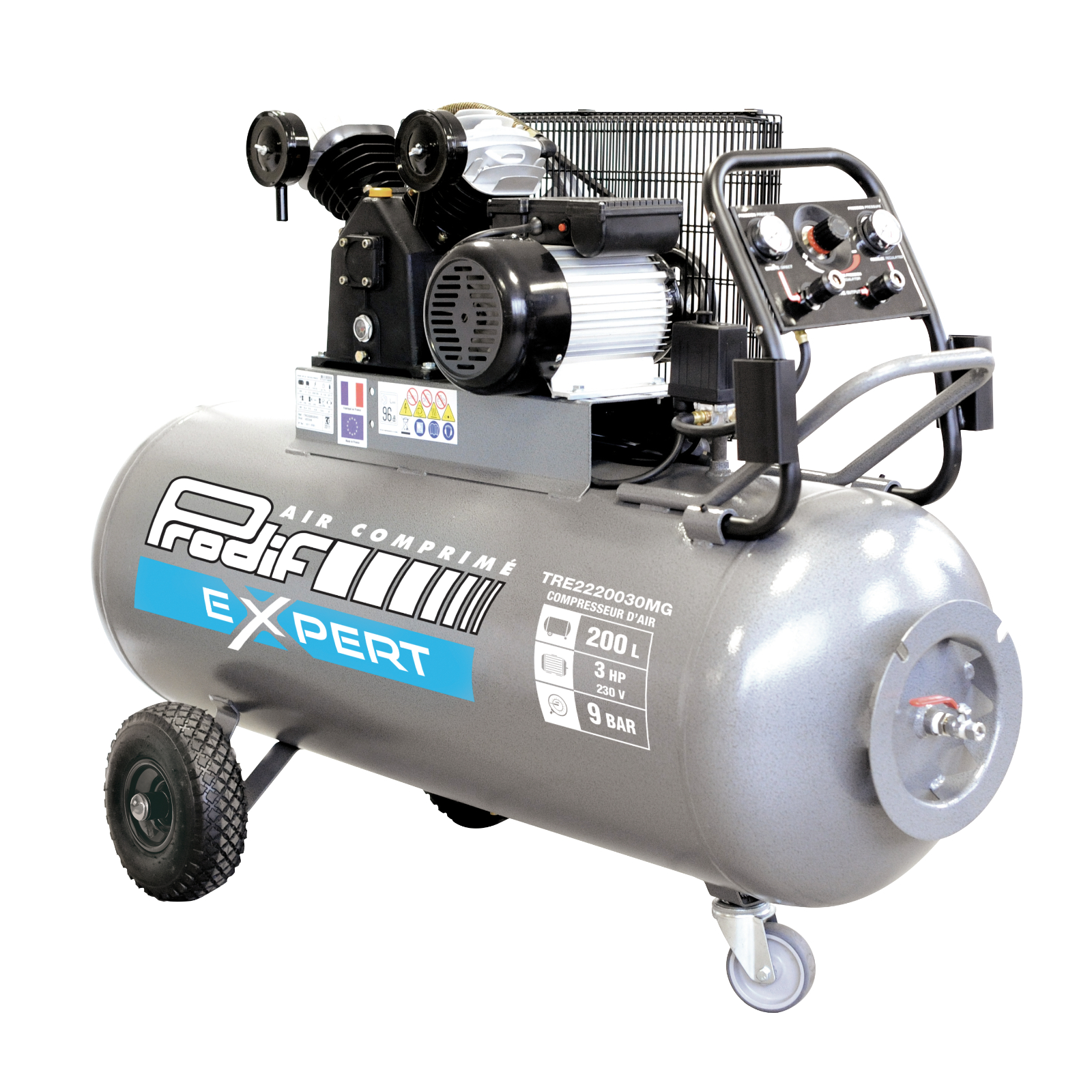 Compresseur mobile PRODIF 200 litres 400V 3CV 9 BAR triphasé TRE2220030TG
