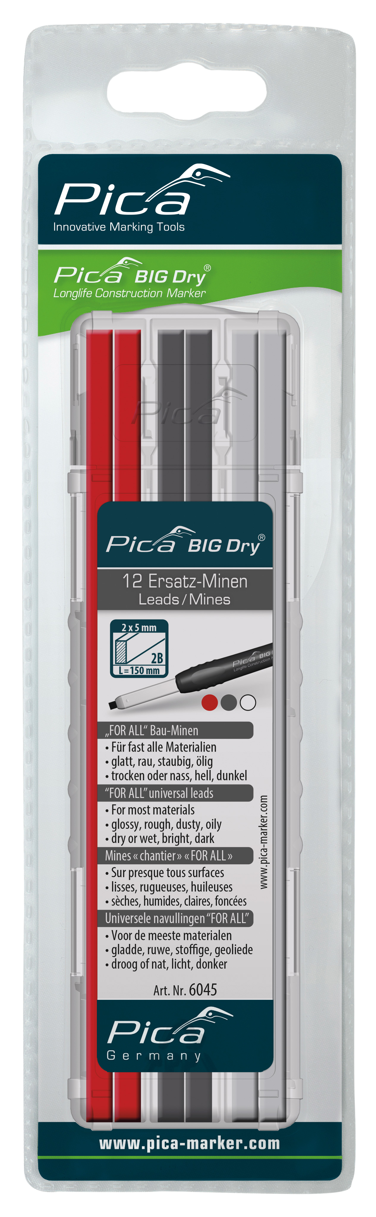 Etui de 12 mines assorties picabig dry mines rouges/graphites/blanches PICA - 6045