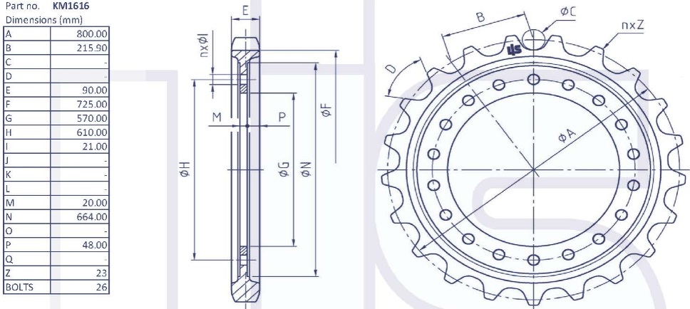 BARBOTIN 23 DENTS 26 TROUS - KM1616 COMPATIBLE 208-27-31221