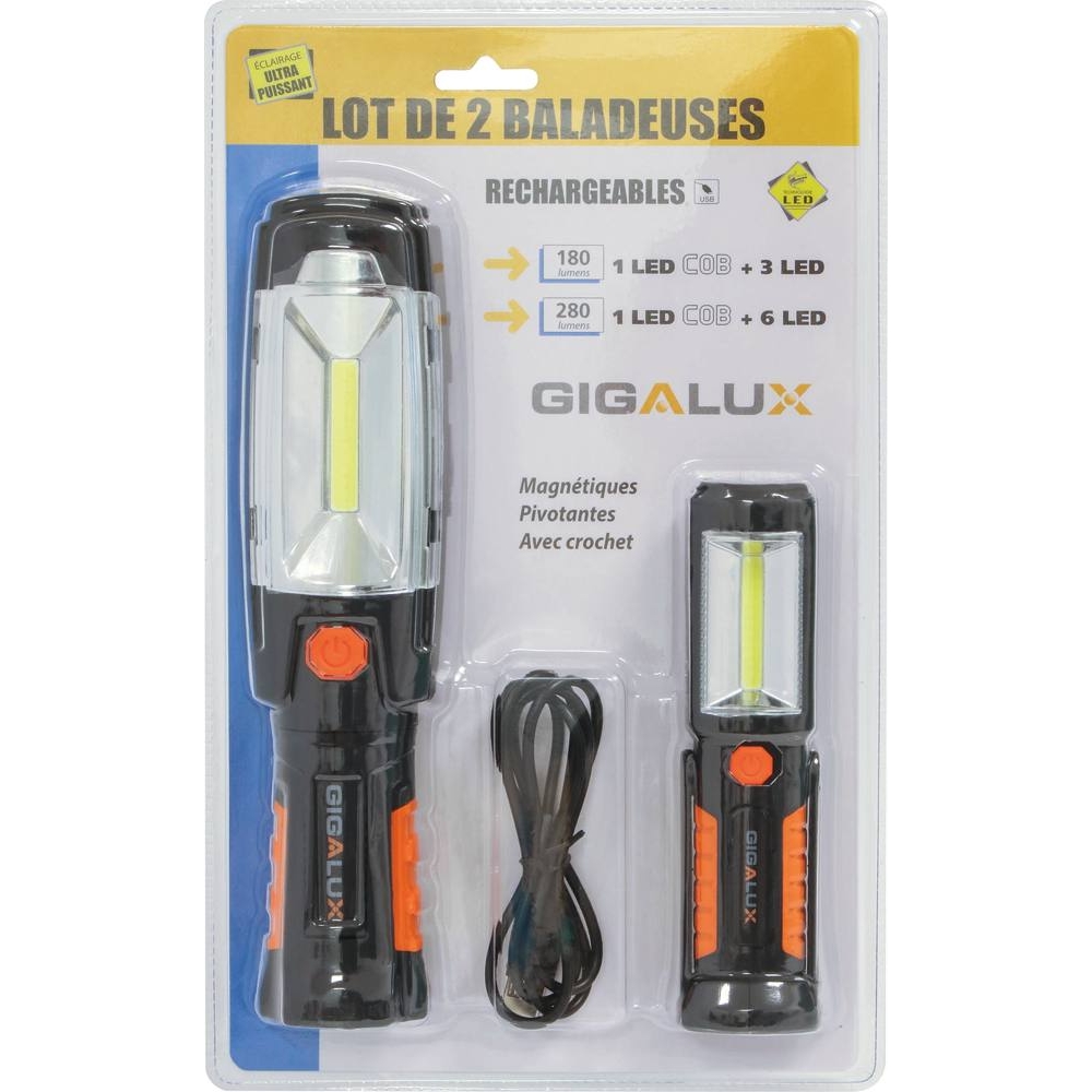 Baladeuses LED 280 lumens+180 lumens articulées rechargeables - de 2 pcs STILKER - 02164