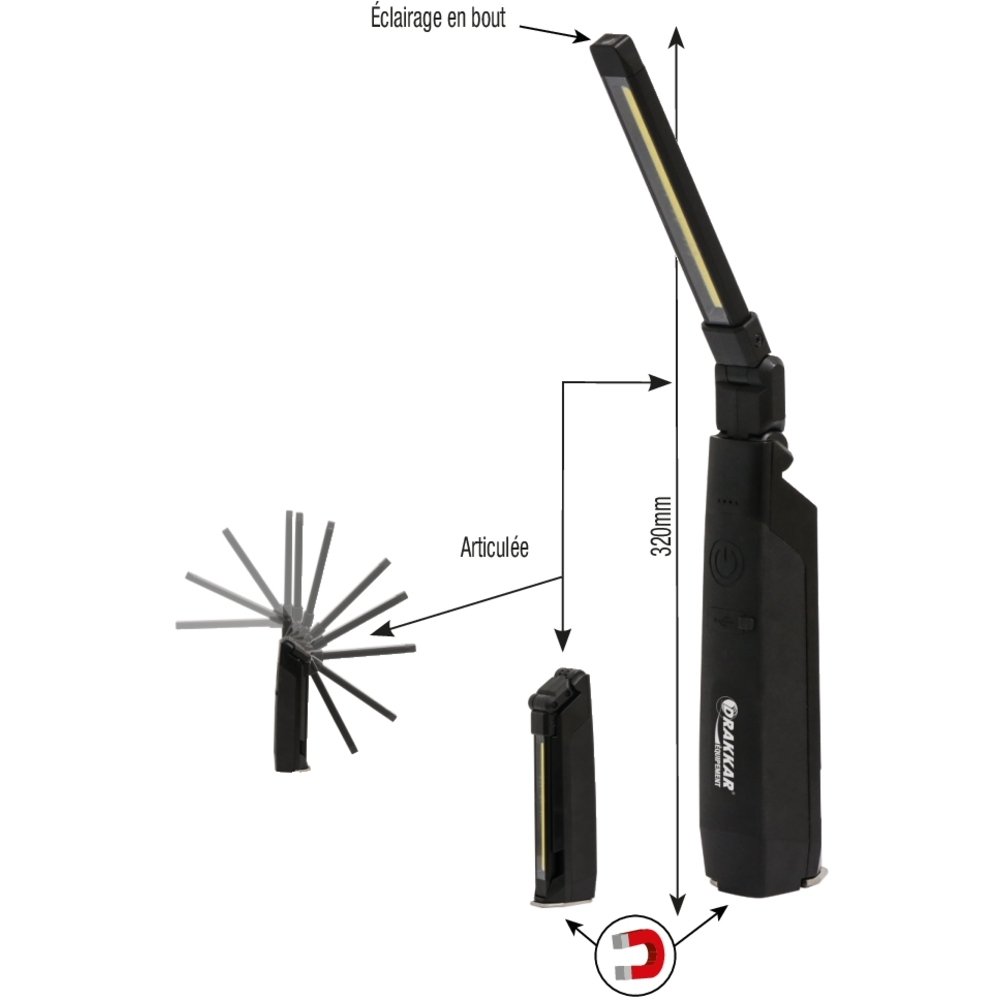 Baladeuse d'atelier LED 500 lumens repliable rechargeable DRAKKAR - 02220