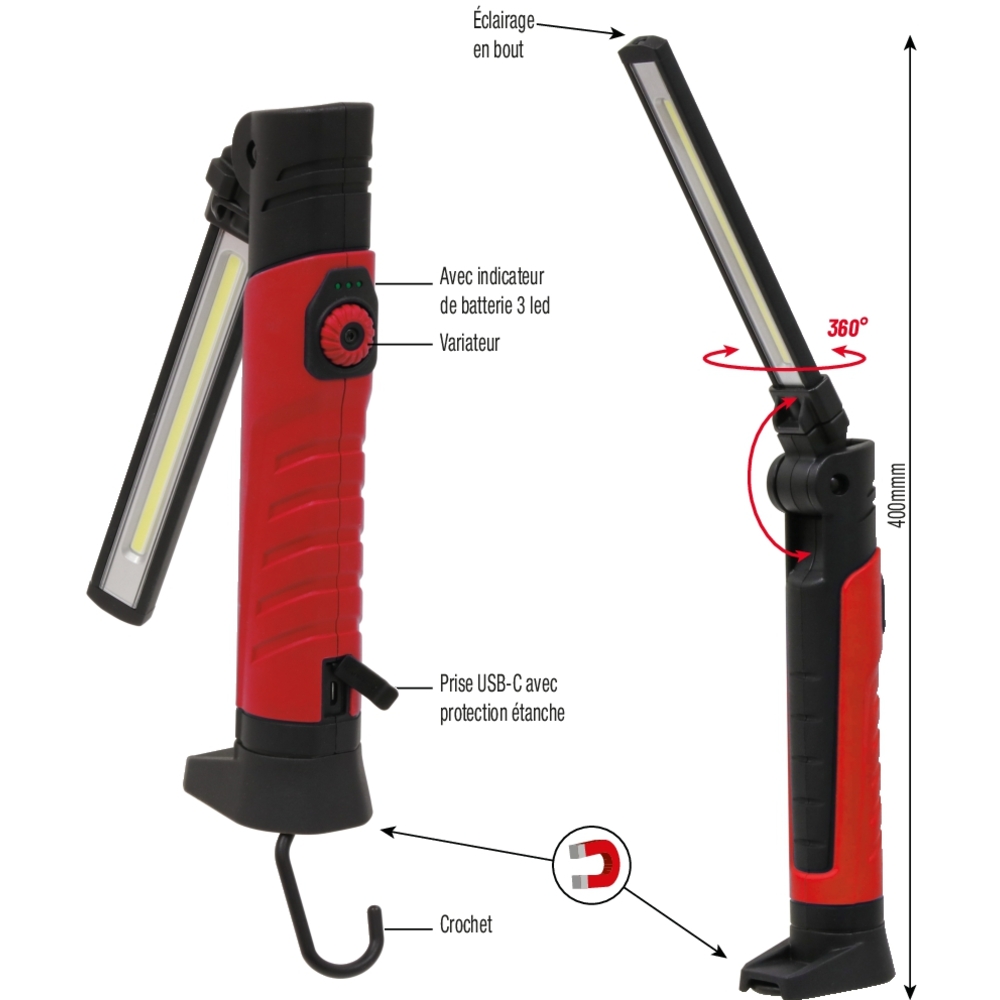 Baladeuse d'atelier LED 700 lumens repliable rechargeable DRAKKAR - 02324