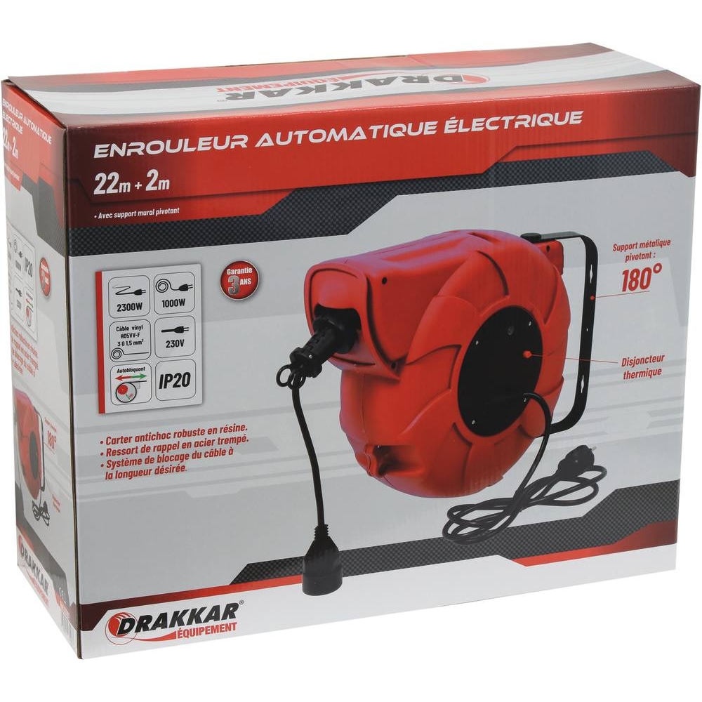 Enrouleur électrique automatique HO5VV-F 22m+2m 3G1,5mm² 230V DRAKKAR - 03107