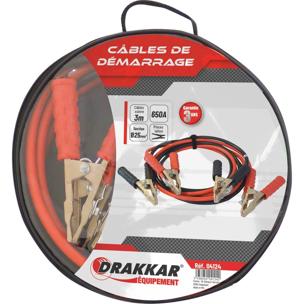 Câbles de démarrage en cuivre 25mm² 2x3m 650A pinces en laiton DRAKKAR - 04124