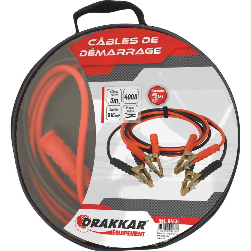 Câbles de démarrage en cuivre 16mm² 2x3m 400A pinces en laiton DRAKKAR - 04131