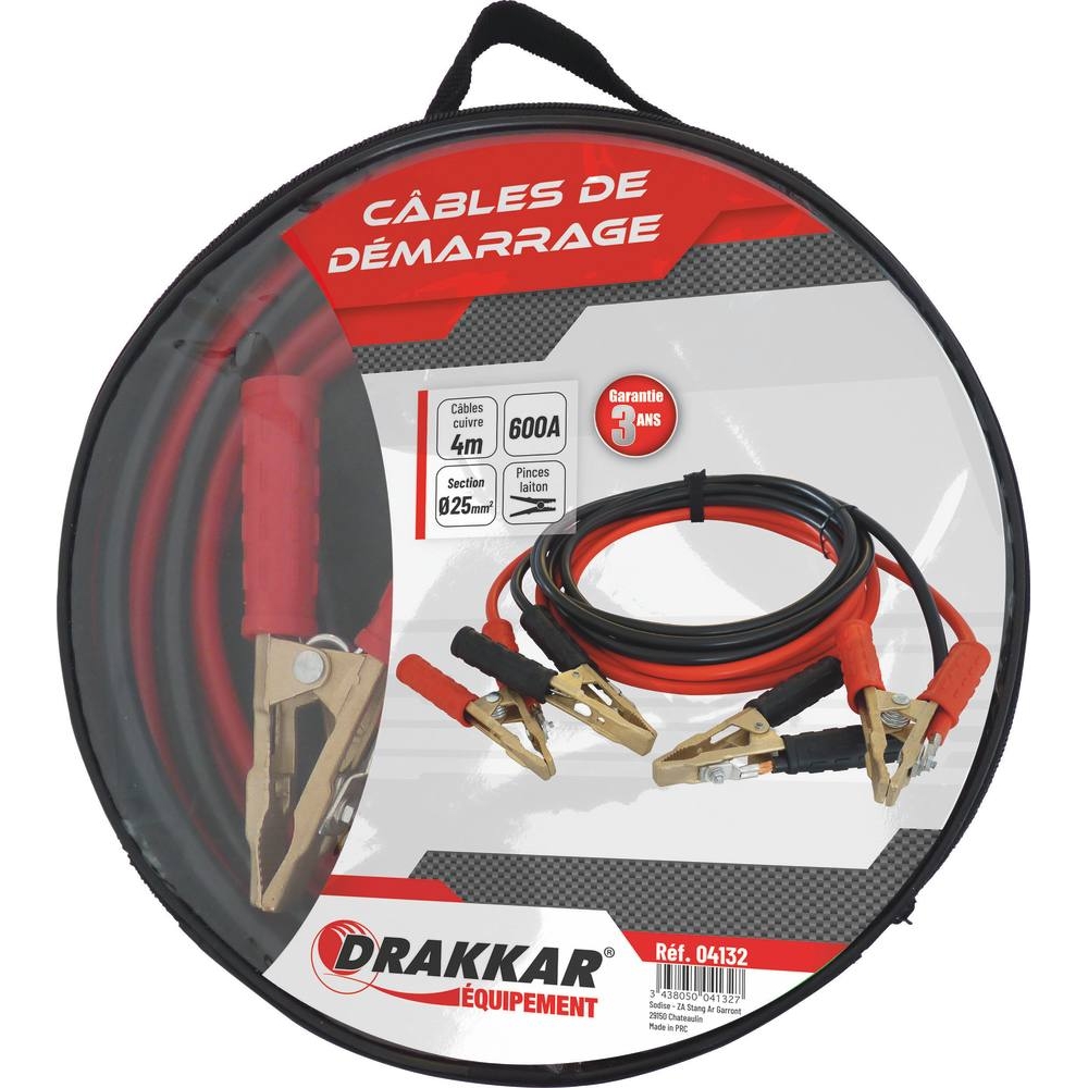 Câbles de démarrage en cuivre 25mm² 2x4m 600A pinces en laiton DRAKKAR - 04132