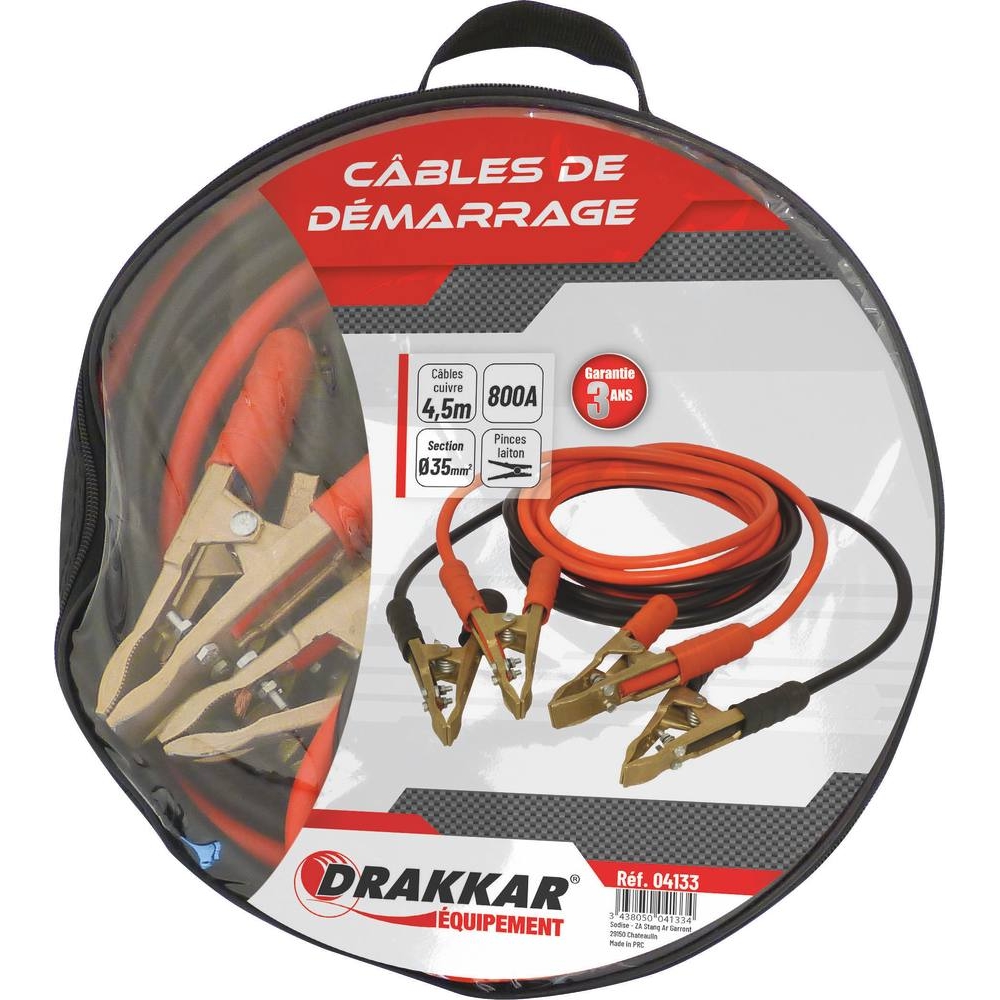 Câbles de démarrage en cuivre 35mm² 2x4,5m 800A pinces en laiton DRAKKAR - 04133